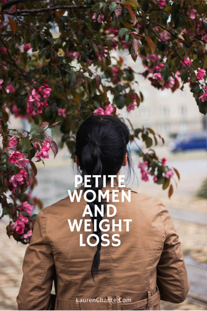 Petite women and weight loss text, over a a flowering tree with pink flowers.