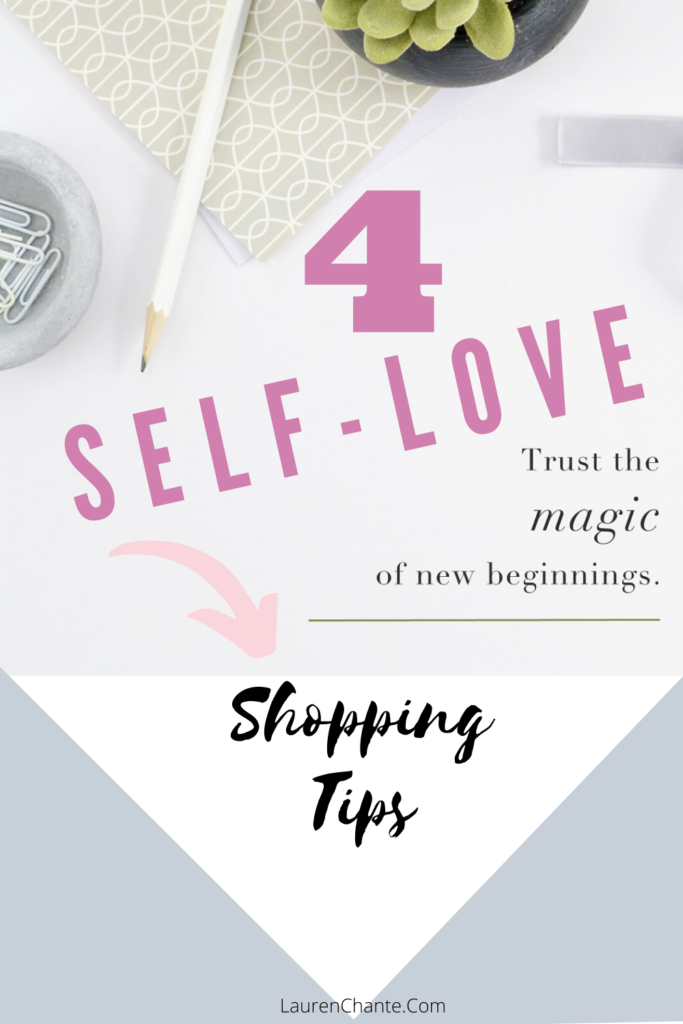 self-love shopping tips are written in pink on a pastel gray and white background.